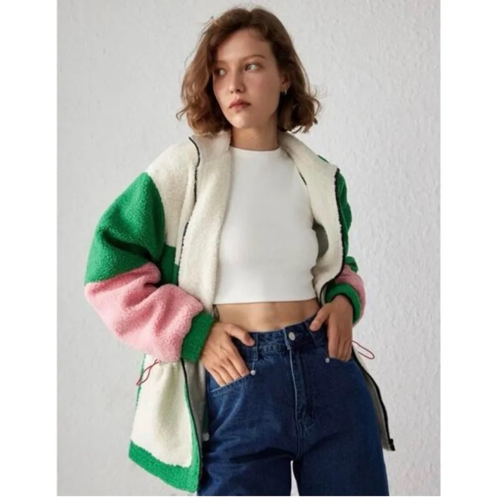 Cider Fleece Stand Collar Teddy ColorBlock Zip Front Jacket XS - Picture 2 of 8